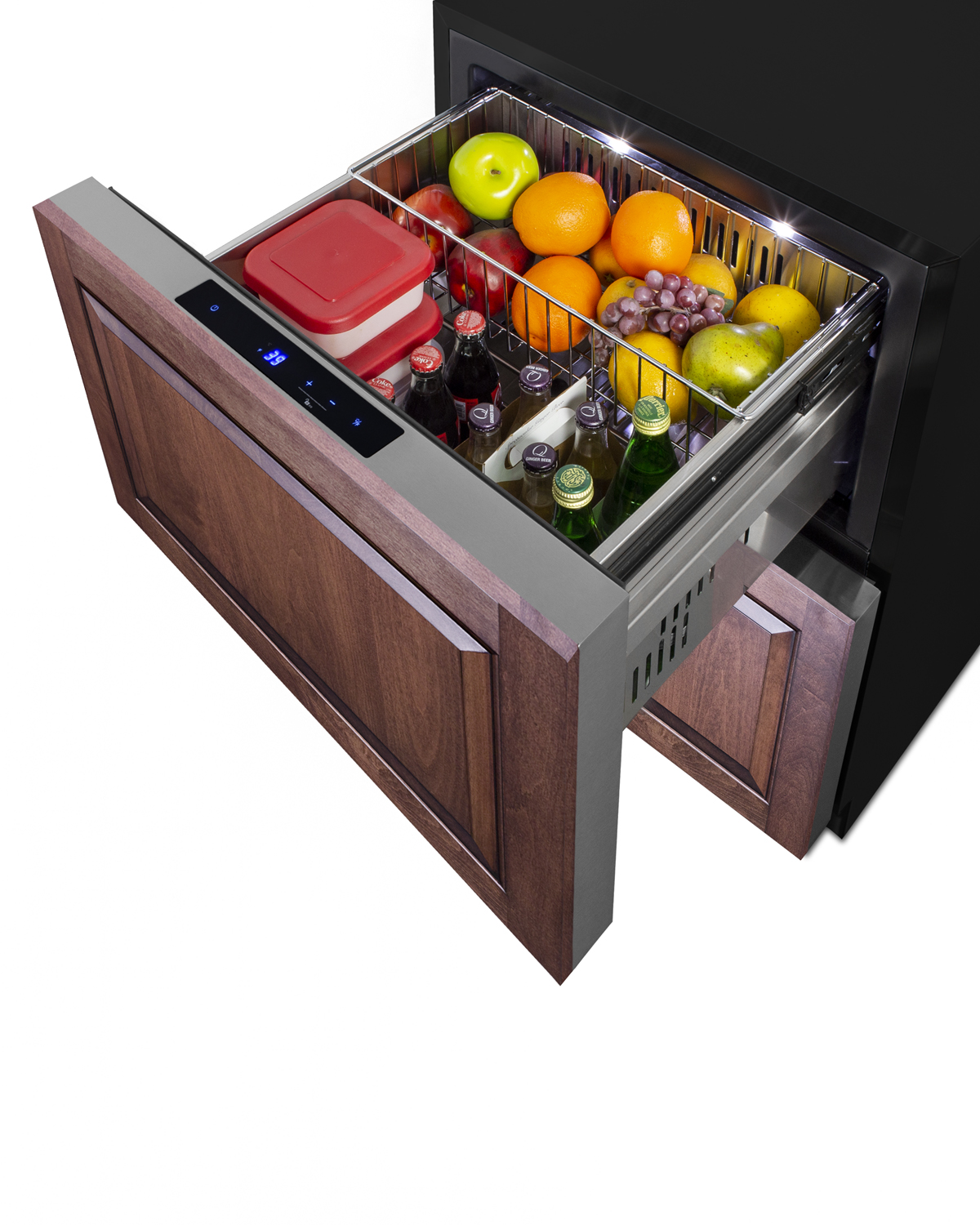 24 in. wide ADA compliant 2-drawer all-refrigerator for indoor or outdoor residential or commercial use, with panel-ready stainless steel drawer fronts, black cabinet, and digital controls